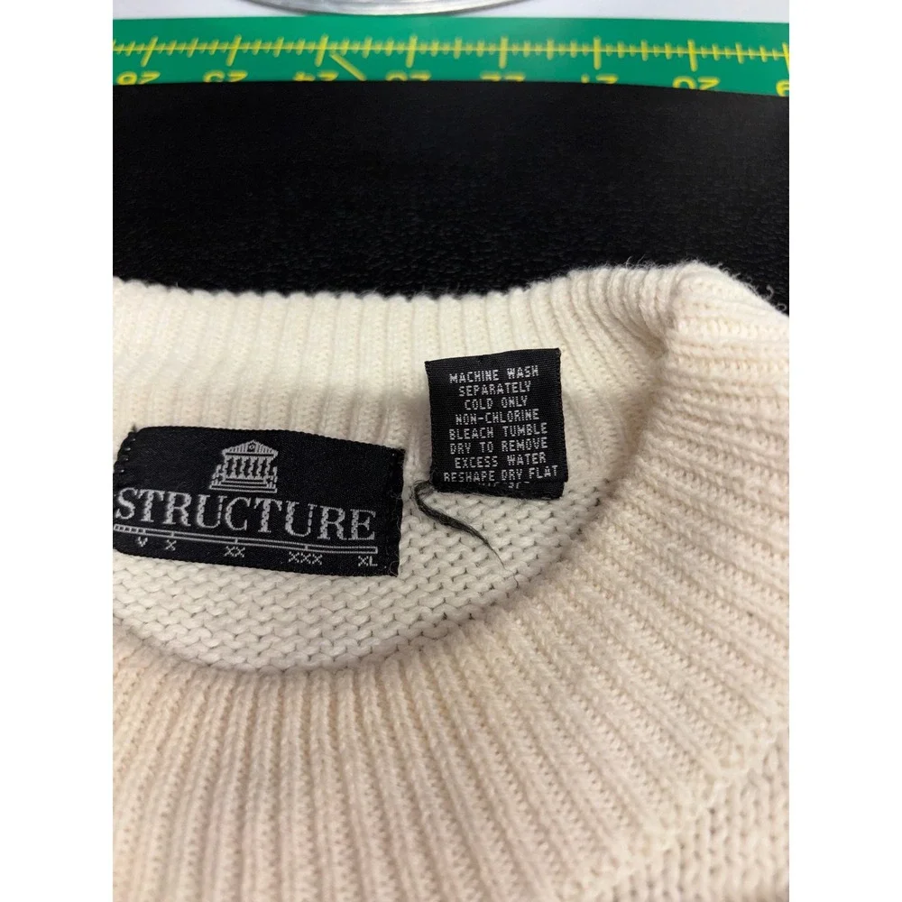 Vintage Structure Mens XL Cream Knit Sweater Heraldic Crest Embroidered Cotton